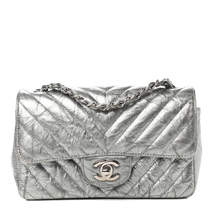 Chanel Patent Metallic Crumpled Calfskin Chevron Quilted Mini Rectangular Flap Silver 1 of 11