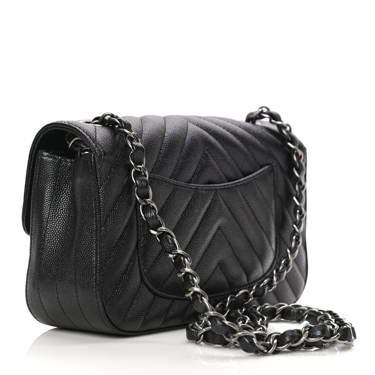 Iridescent Caviar Chevron Quilted Mini Rectangular Flap Black