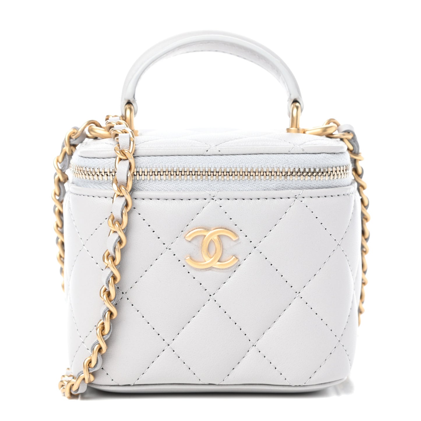 Lambskin Quilted Top Handle Mini Vanity Case With Chain Grey