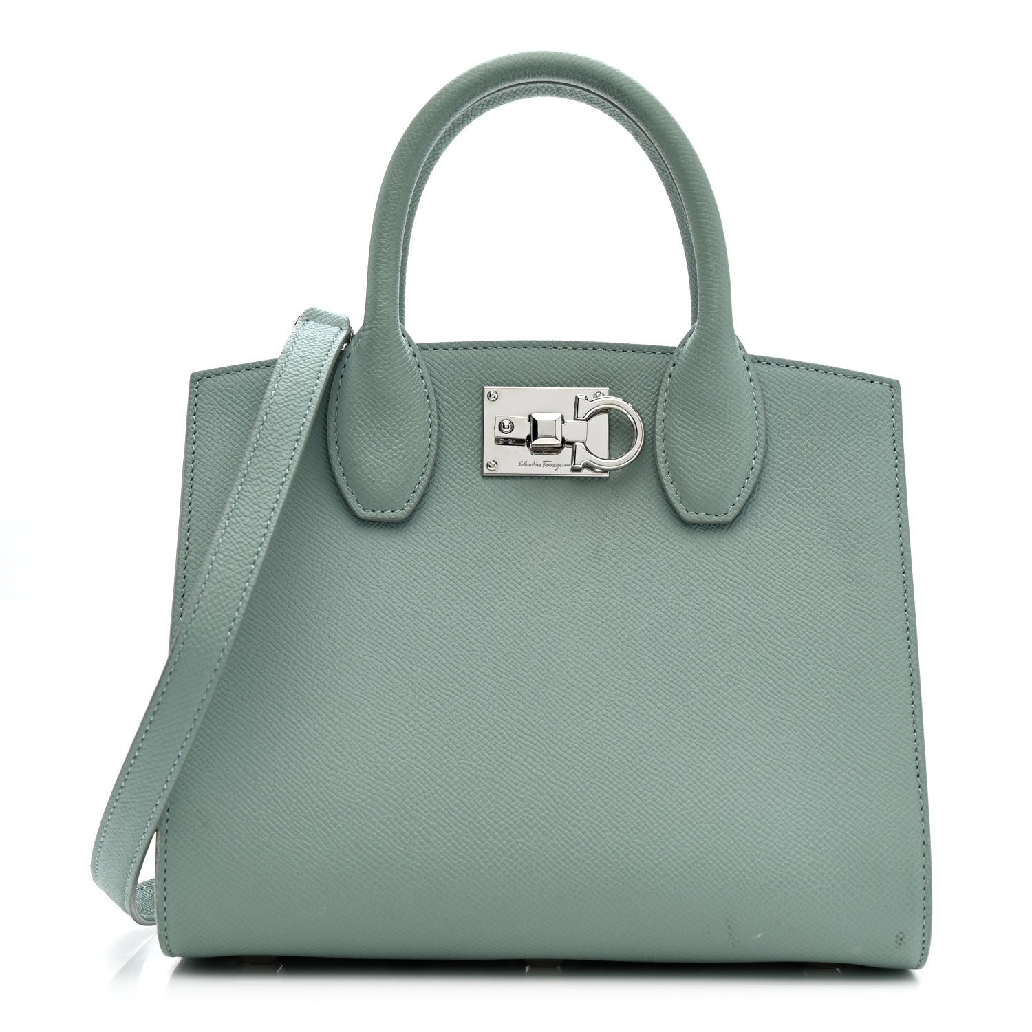 Salvatore Ferragamo Hammered Calfskin Small The Studio Box Bag Aqua Green 1 of 11