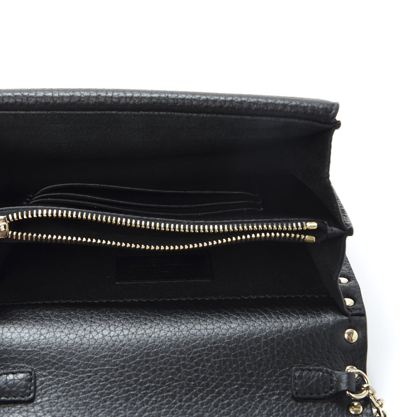 Pebbled Calfskin Rockstud Wallet on Chain Black