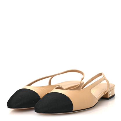 Chanel Goatskin Grosgrain Cap Toe CC Slingback Sandals 38.5 Beige Black 4 of 11