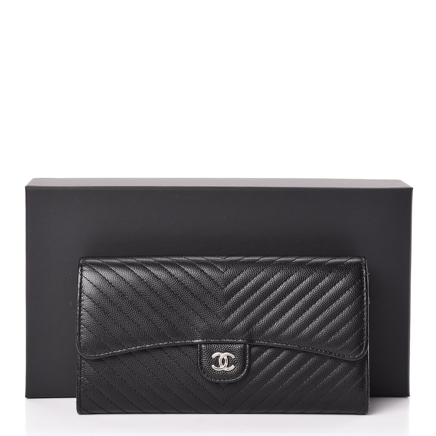 Caviar Chevron Quilted Large Flap Wallet Black