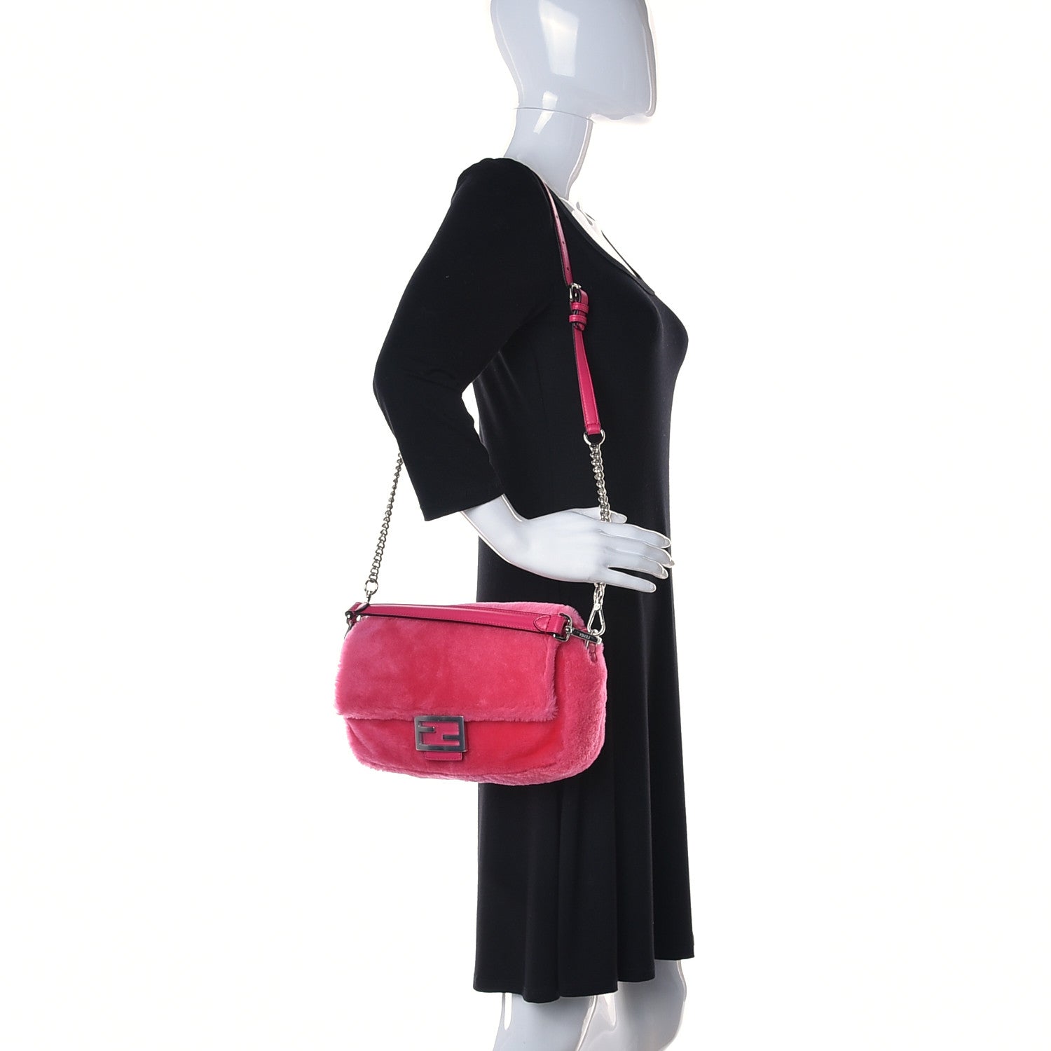 Fendi Shearling Shiny Nappa Baguette Rosa Fluo 2 of 10