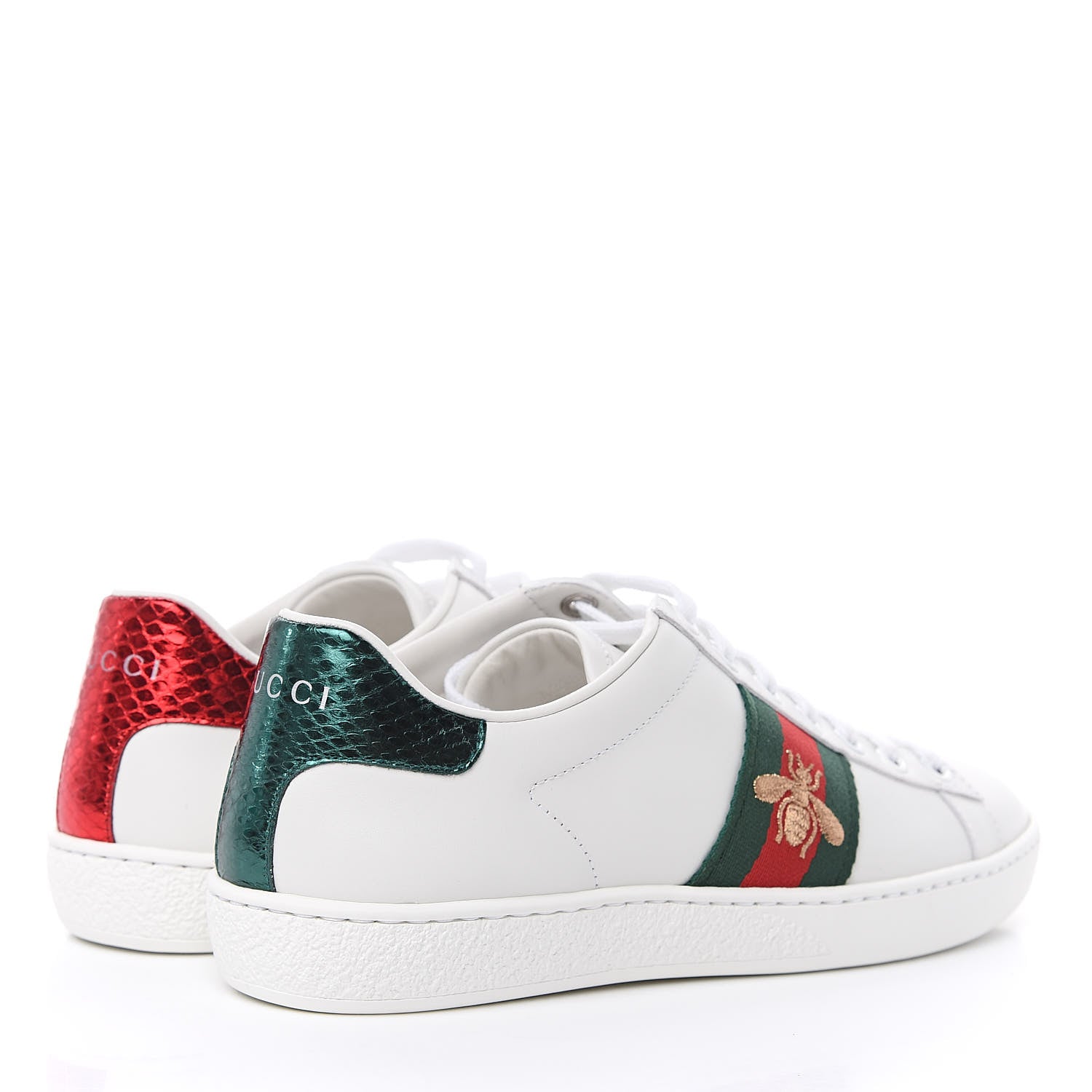 Gucci Calfskin Ayers Bee Embroidered Womens Ace Sneakers 35 White Green 4 of 9