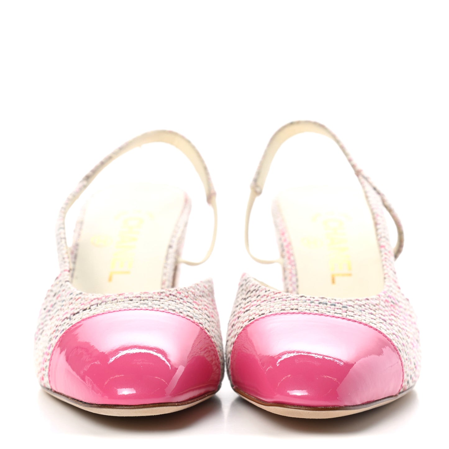 Tweed Patent Cap Toe CC Slingback Pumps 37.5 Pink White