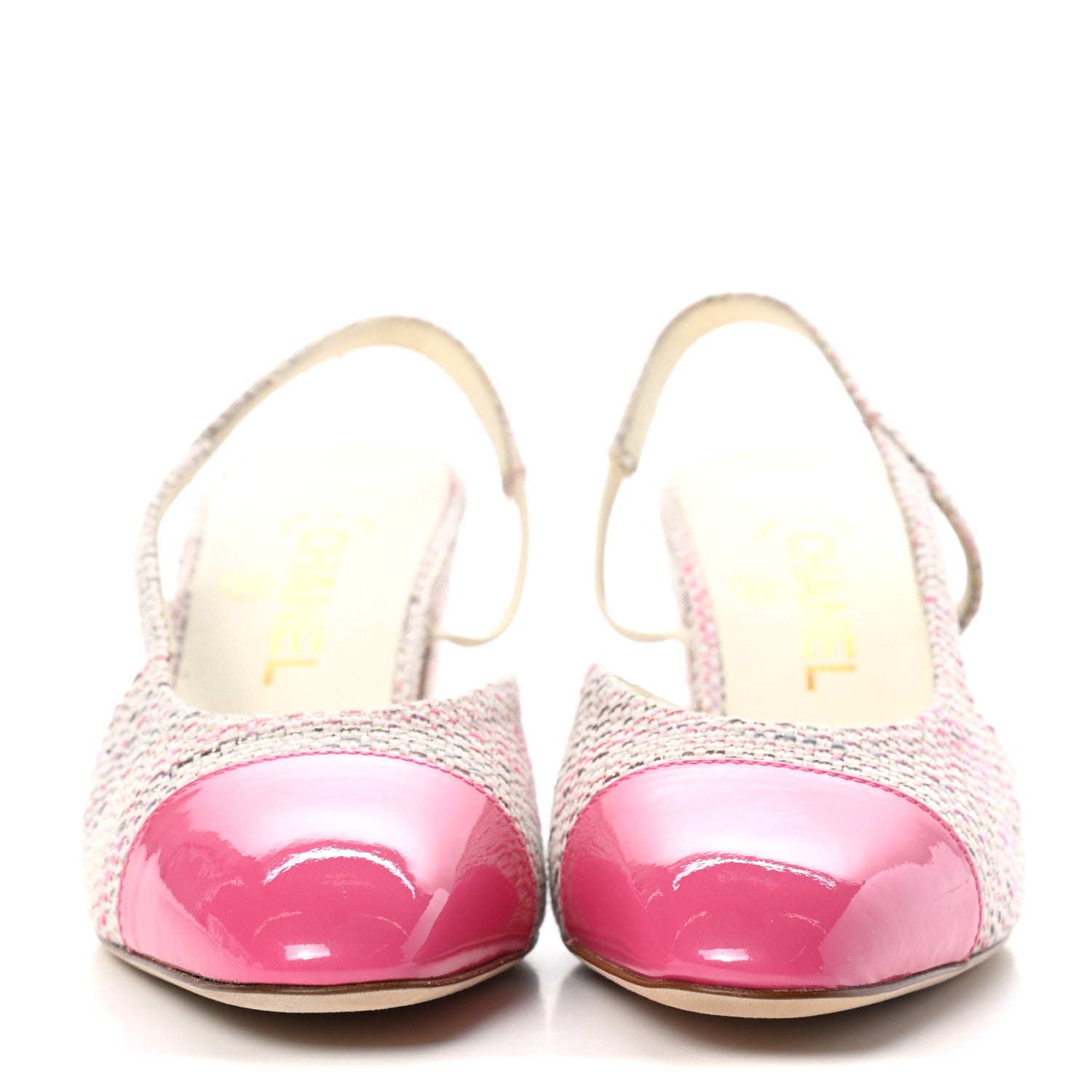 Chanel Tweed Patent Cap Toe CC Slingback Pumps 37.5 Pink White 2 of 10