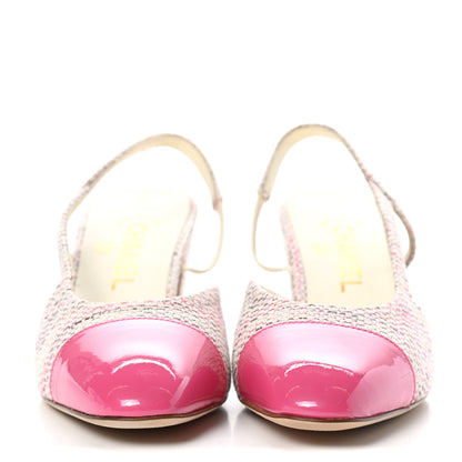 Chanel Tweed Patent Cap Toe CC Slingback Pumps 37.5 Pink White 2 of 10
