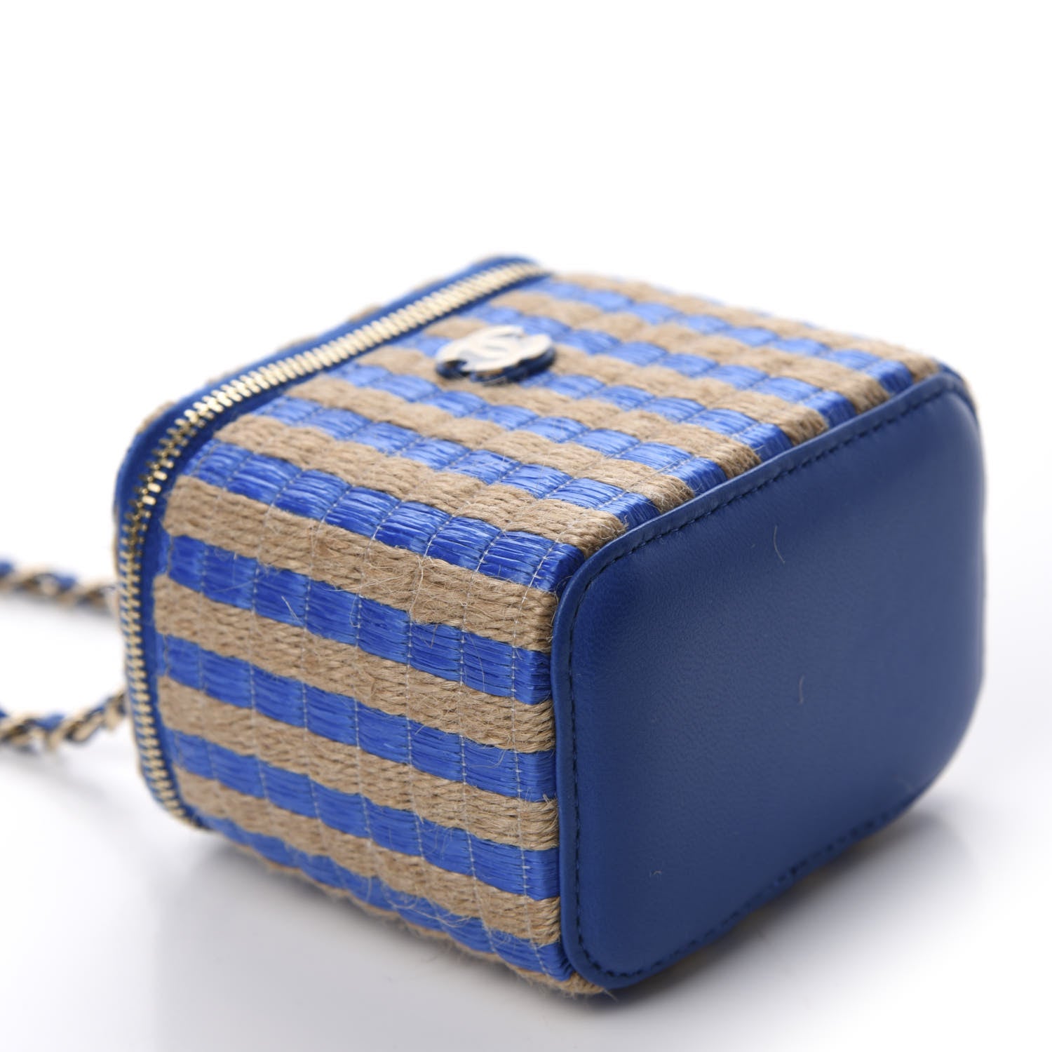 Chanel Raffia Jute Striped Mini Vanity Case With Chain Blue Beige 4 of 11