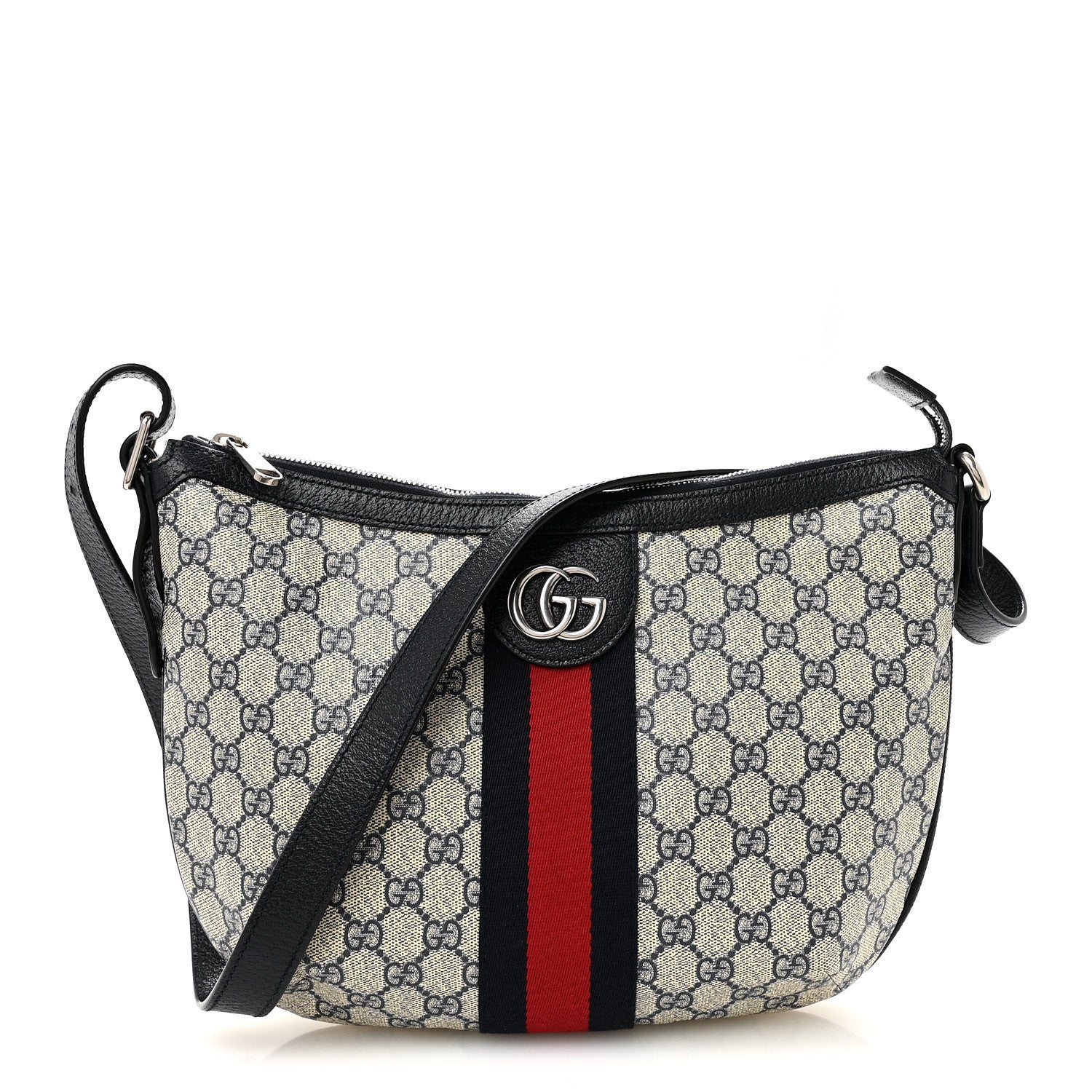 Gucci GG Supreme Monogram Textured Dollar Calfskin Web Small Ophidia Half Moon Hobo Beige Blue 1 of 10