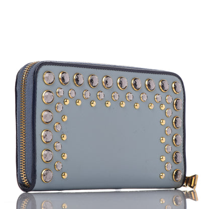 Prada Saffiano Vernice Crystal Studded Zip Around Wallet Blue 3 of 13