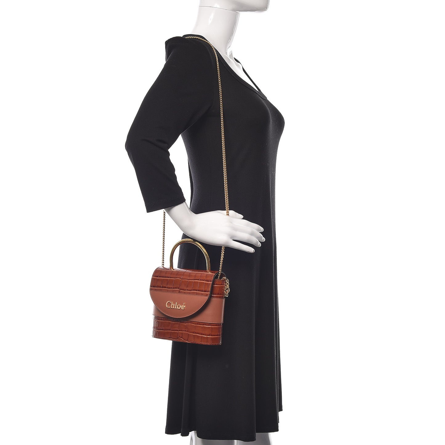 Calfskin Crocodile Embossed Small Aby Lock Chestnut Brown