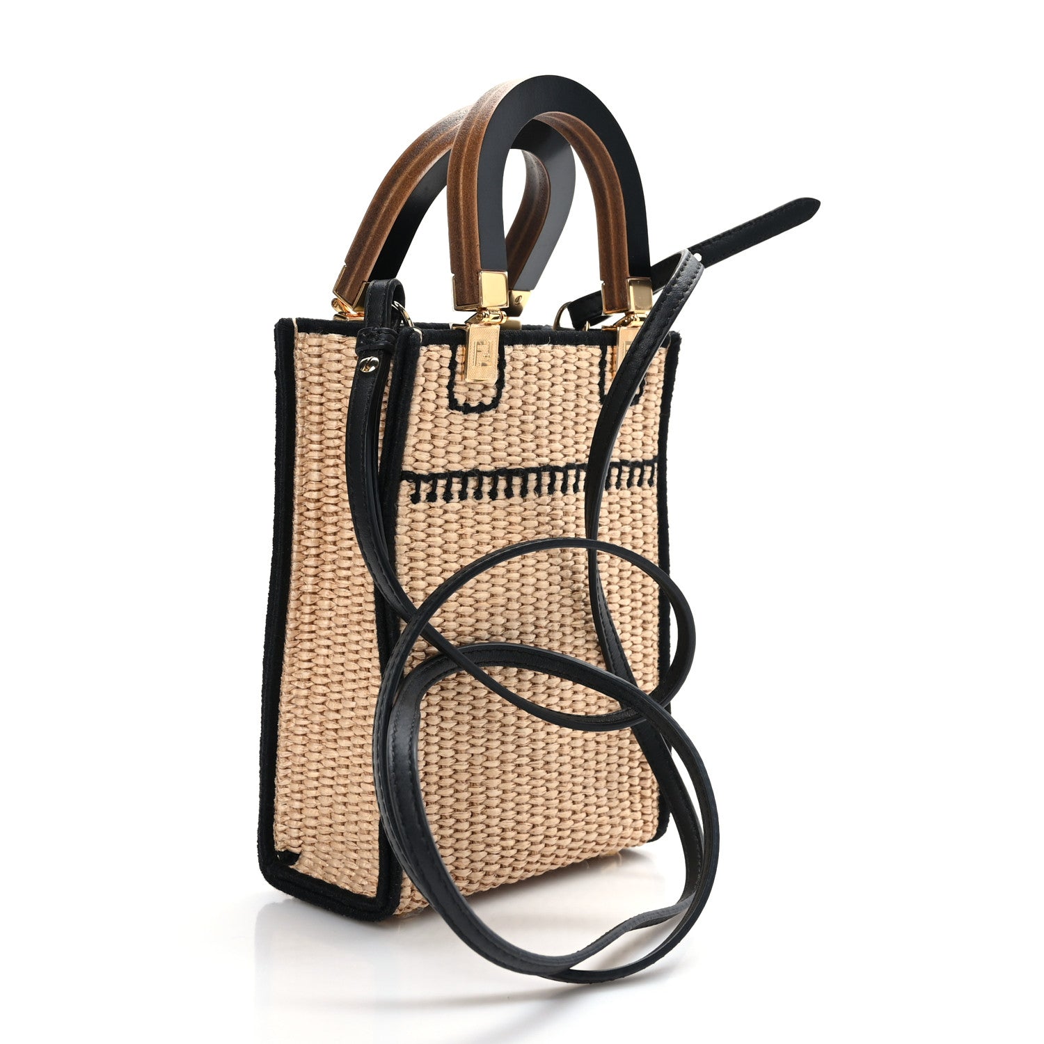 Fendi Straw Vitello Grace Cuoio Logo Braided Embroidered Mini Sunshine Shopper Natural Black 3 of 9