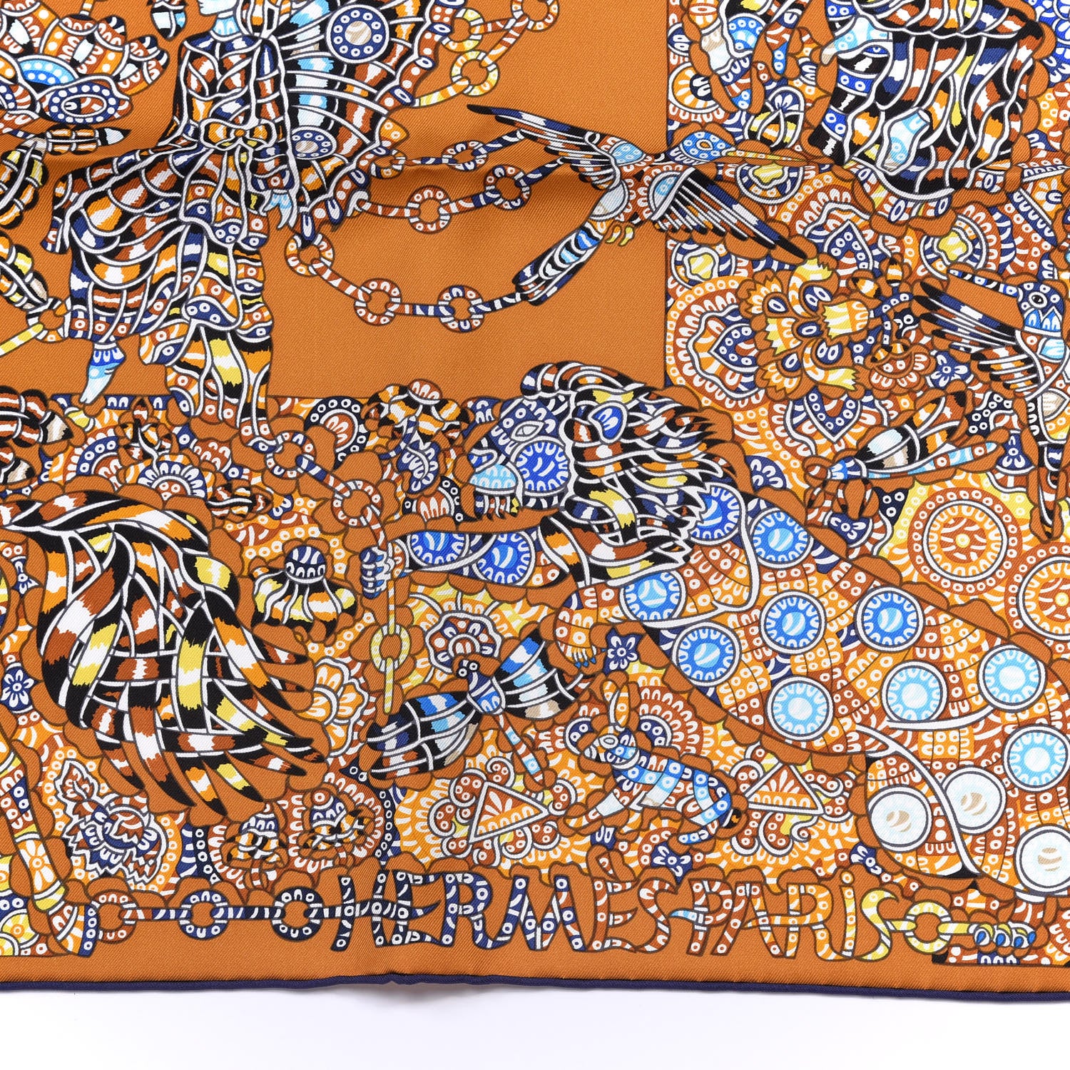 Hermes Silk La Legende de La Foret Scarf 90 Gold Bleu Black 2 of 4