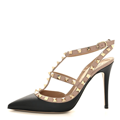 Valentino Garavani Calfskin Nappa Rockstud Ankle Strap 100mm Pumps 36.5 Black Poudre 1 of 8