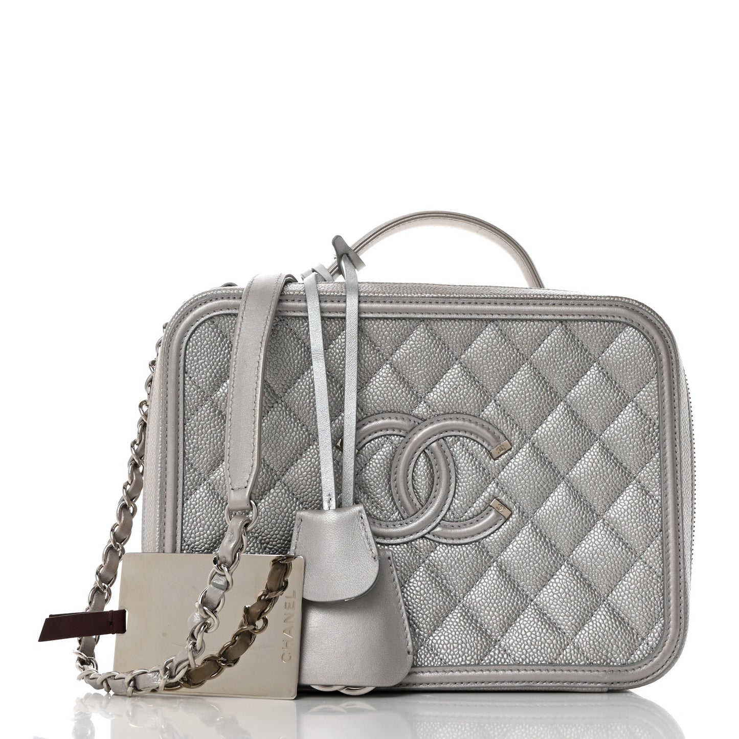 Metallic Caviar Quilted Large CC Filigree Vanity Case Silver