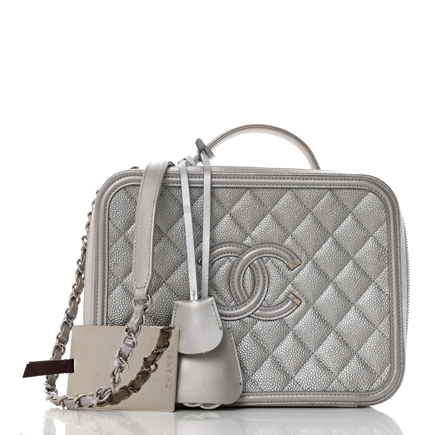 Chanel Metallic Caviar Quilted Large CC Filigree Vanity Case Silver 2 of 11