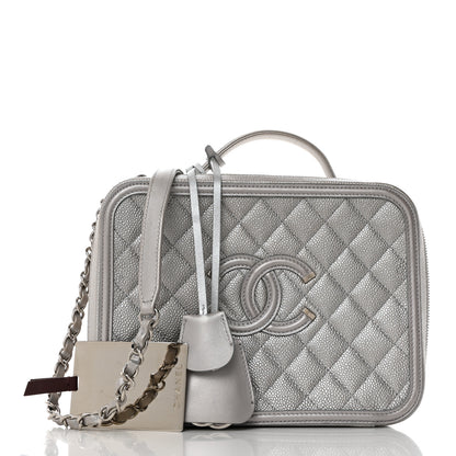 Chanel Metallic Caviar Quilted Large CC Filigree Vanity Case Silver 2 of 11