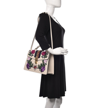 Gucci Calfskin Embroidered Medium Sylvie Top Handle Bag White 2 of 9