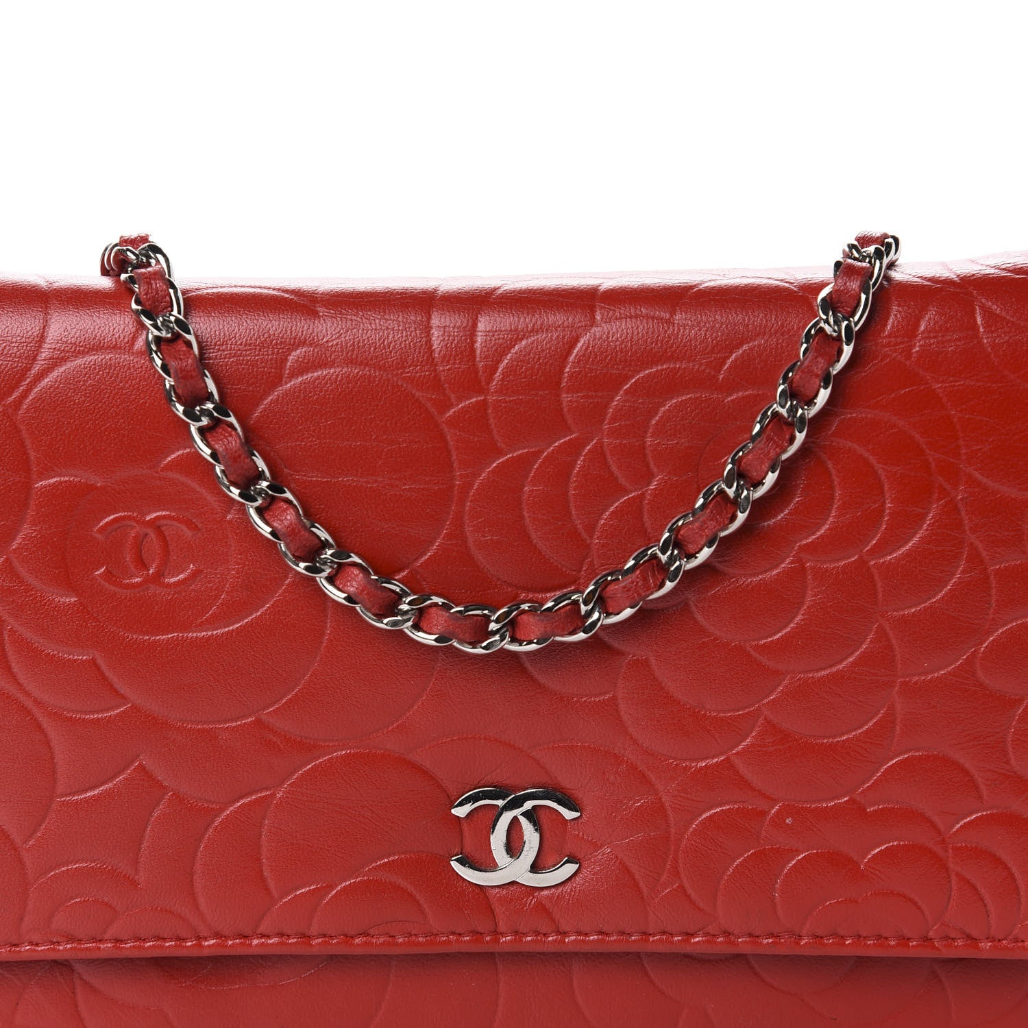 Chanel Lambskin Camellia Embossed Wallet On Chain WOC Red 13 of 14
