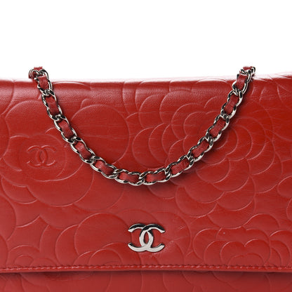 Chanel Lambskin Camellia Embossed Wallet On Chain WOC Red 13 of 14