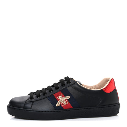 Gucci Miro Soft Calfskin Laminated Ayers Web Bee Embroidered Mens Ace Sneakers 6 Black Red Flame Night 1 of 12
