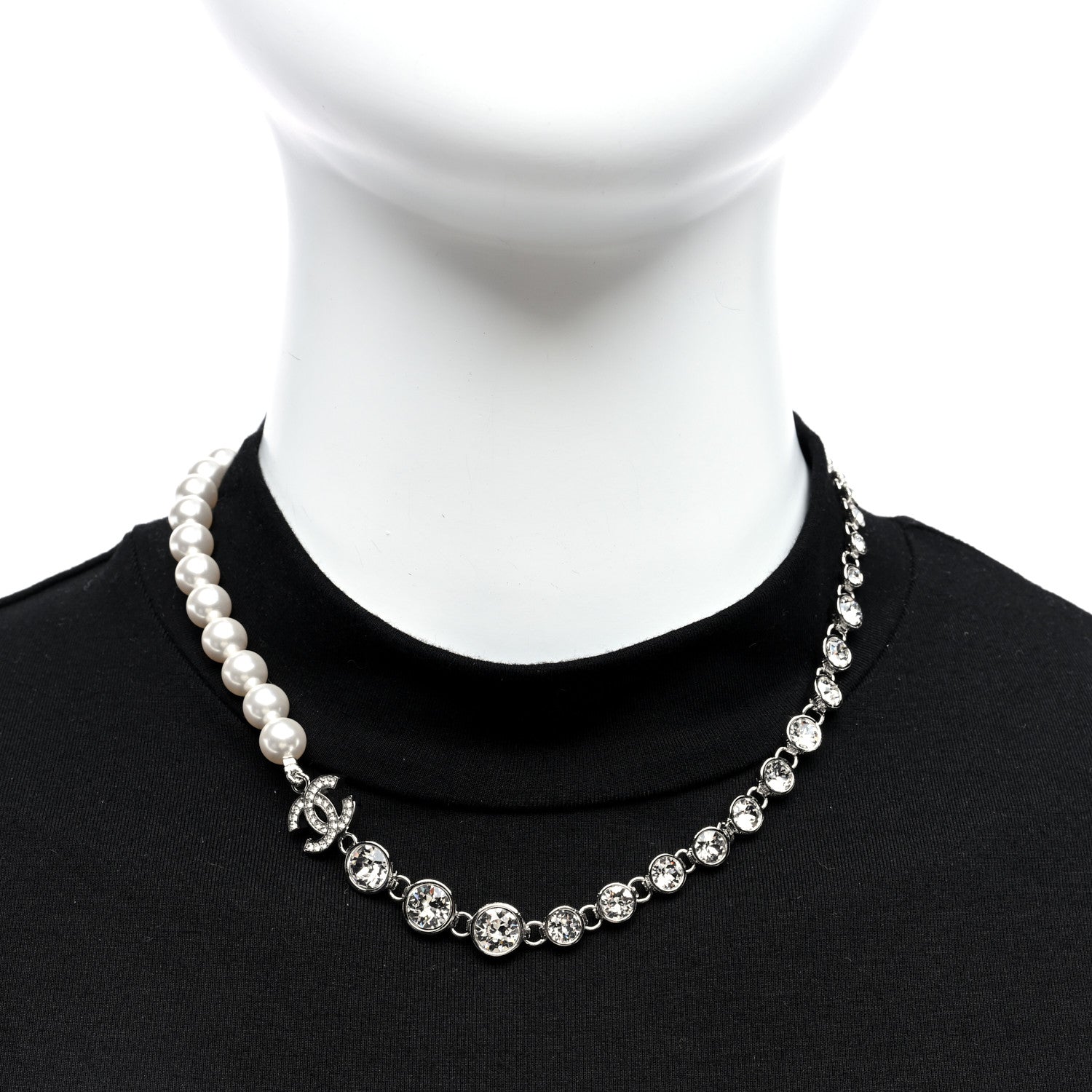 Chanel Pearl Crystal CC Choker Necklace Silver 2 of 5