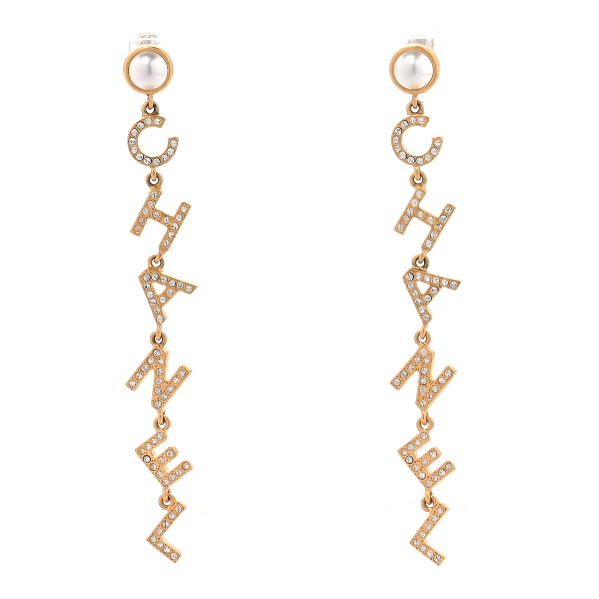 Crystal Pearl Logo Drop Earrings Gold