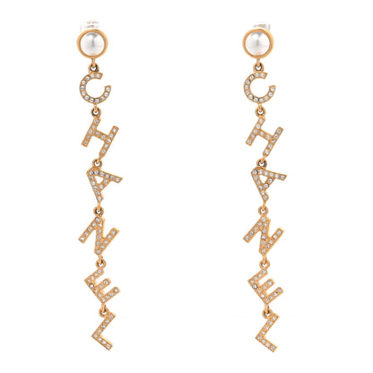 Chanel Crystal Pearl Logo Drop Earrings Gold 1 of 4