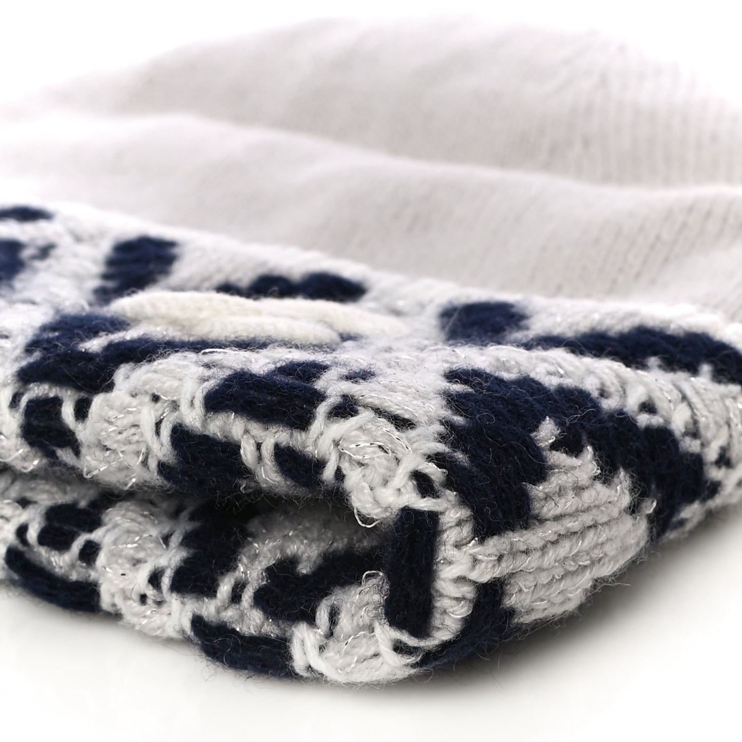 Cashmere Blend CC Beanie Hat White Navy Blue
