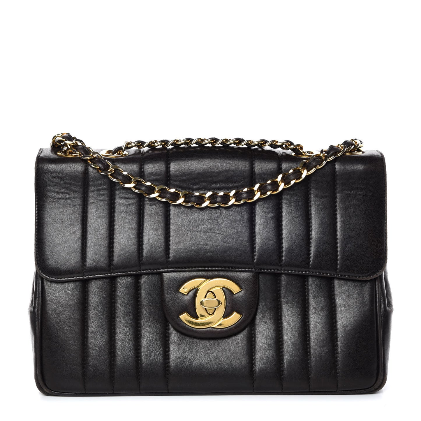 Lambskin Vertical Quilt Jumbo Single Flap Black