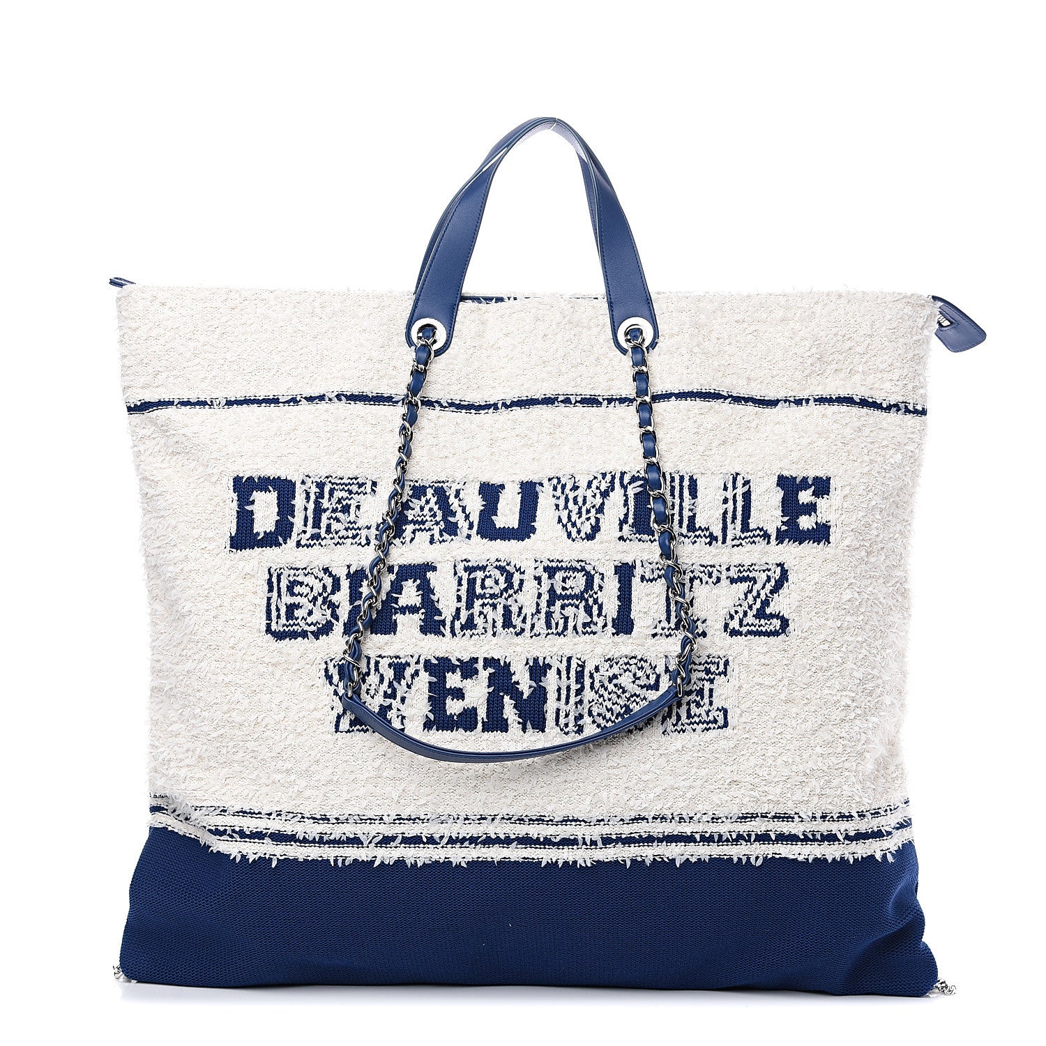 Chanel Tweed Fabric Deauville Biarritz Tote White Navy 1 of 7