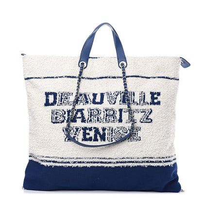 Chanel Tweed Fabric Deauville Biarritz Tote White Navy 1 of 7
