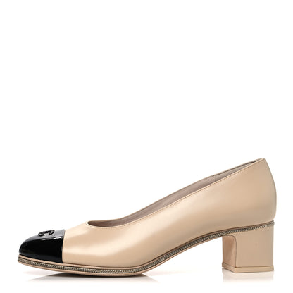 Chanel Calfskin Patent Cap Toe CC Pumps 39.5 Light Beige Black 1 of 12