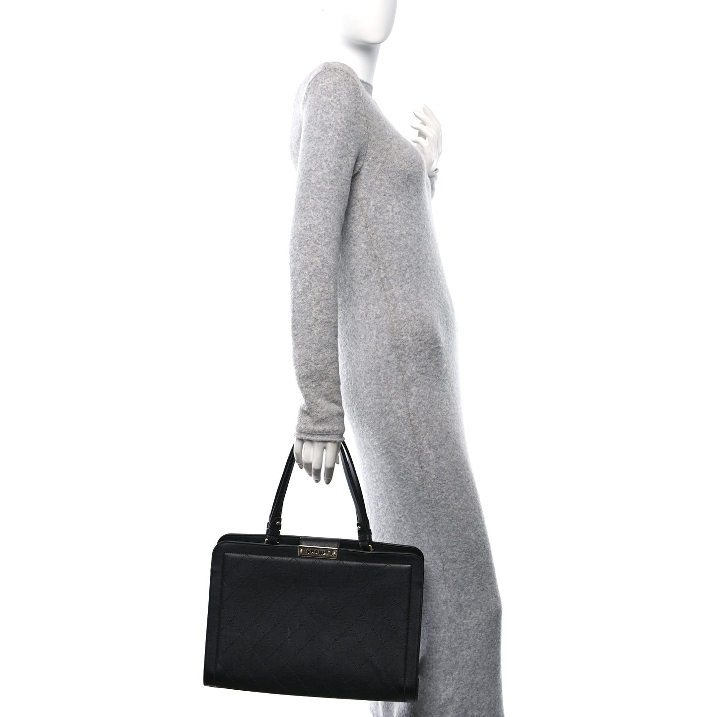 Grained Calfskin Stitched Large Label Click Shopper Tote Black
