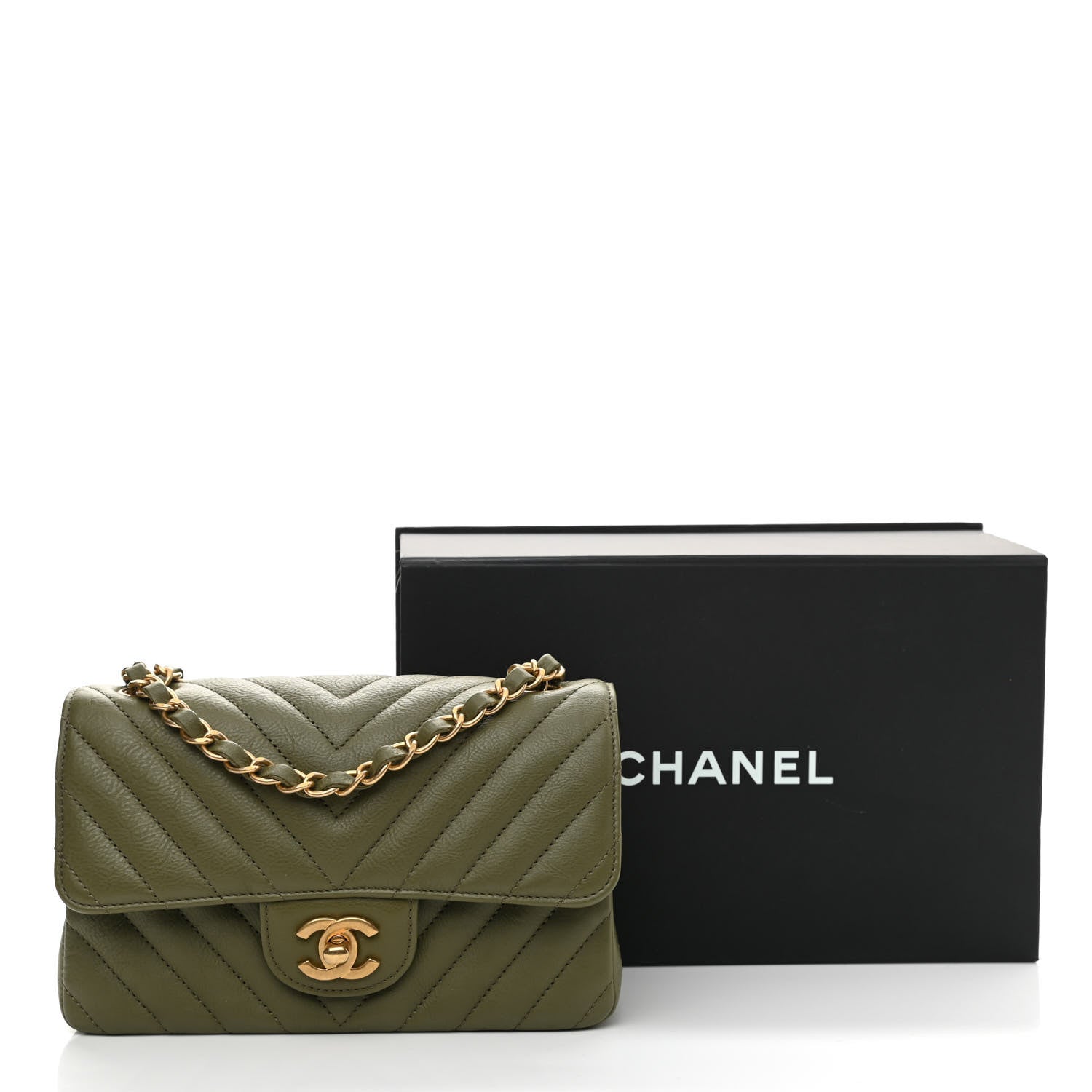 Chanel Calfskin Chevron Quilted Mini Rectangular Flap Khaki 11 of 11