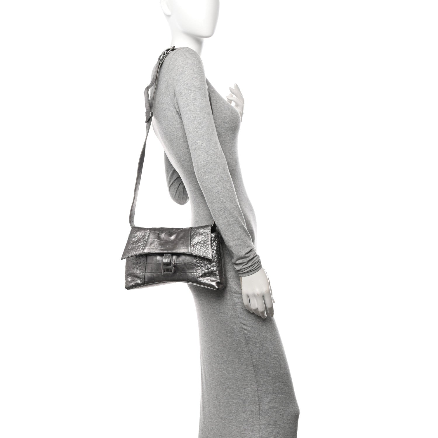 BALENCIAGA ショルダーバッグ シルバー Balenciaga Metallic Calfskin Crocodile Embossed XS Downtown