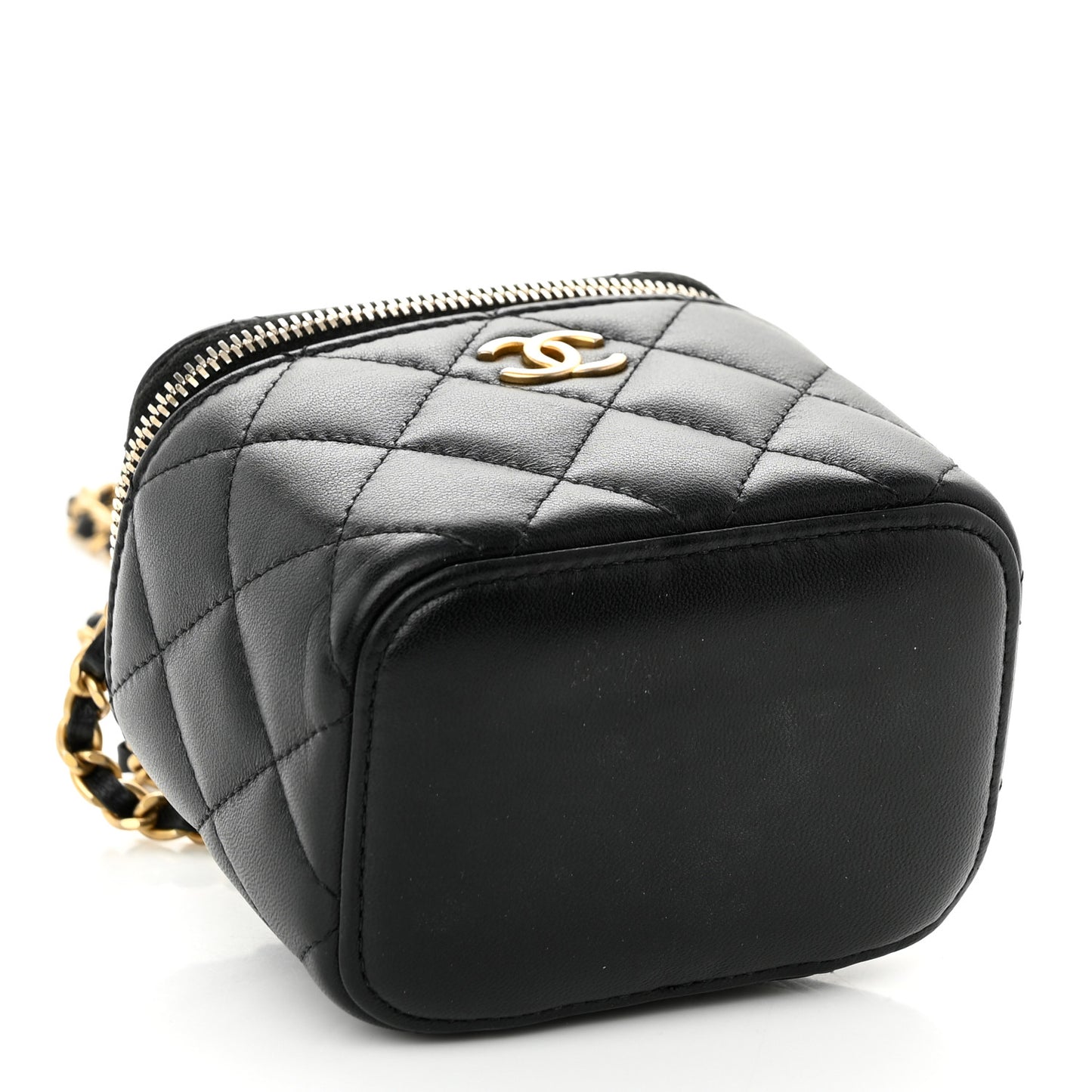Lambskin Quilted Top Handle Mini Vanity Case With Chain Black