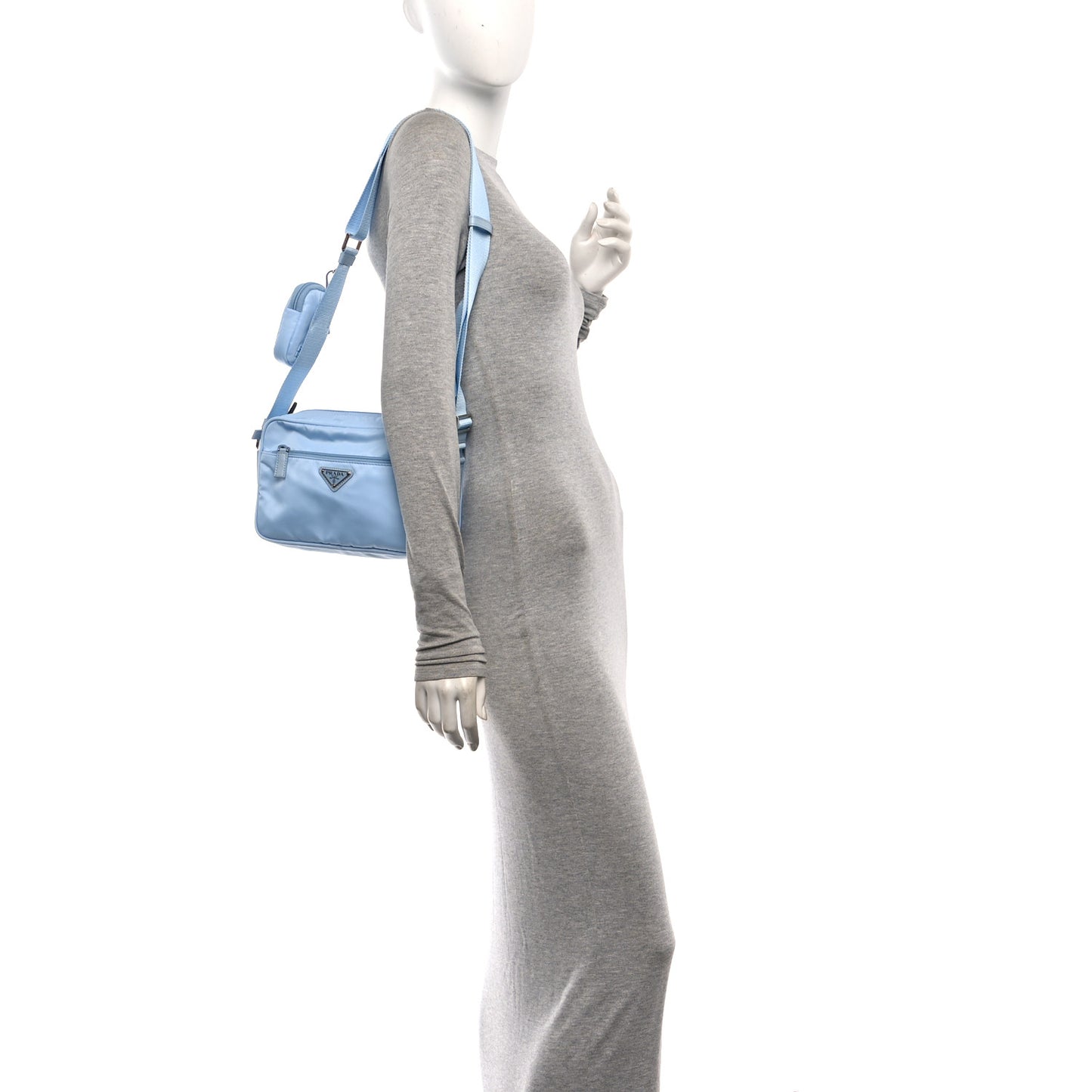 Re-Nylon Vela Saffiano Pocket Double Zip Shoulder Bag Celeste
