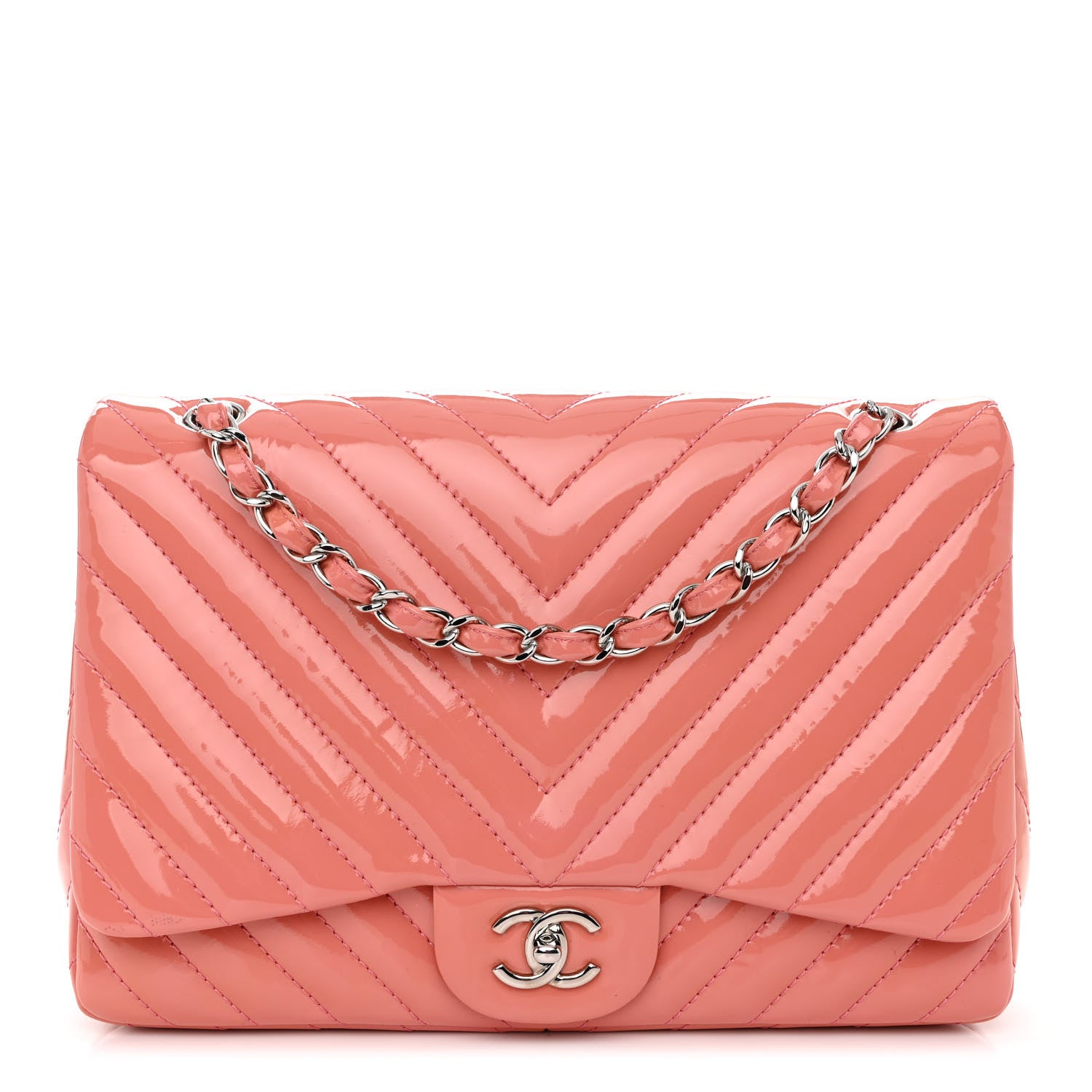 Chanel Patent Chevron Quilted Jumbo Double Flap Light Pink 1 of 11
