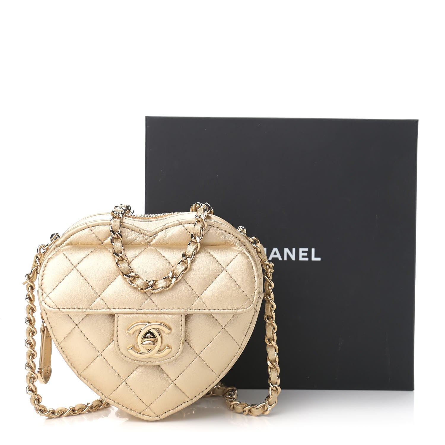 Chanel Metallic Lambskin Quilted CC In Love Heart Clutch With Chain Gold 11 of 11