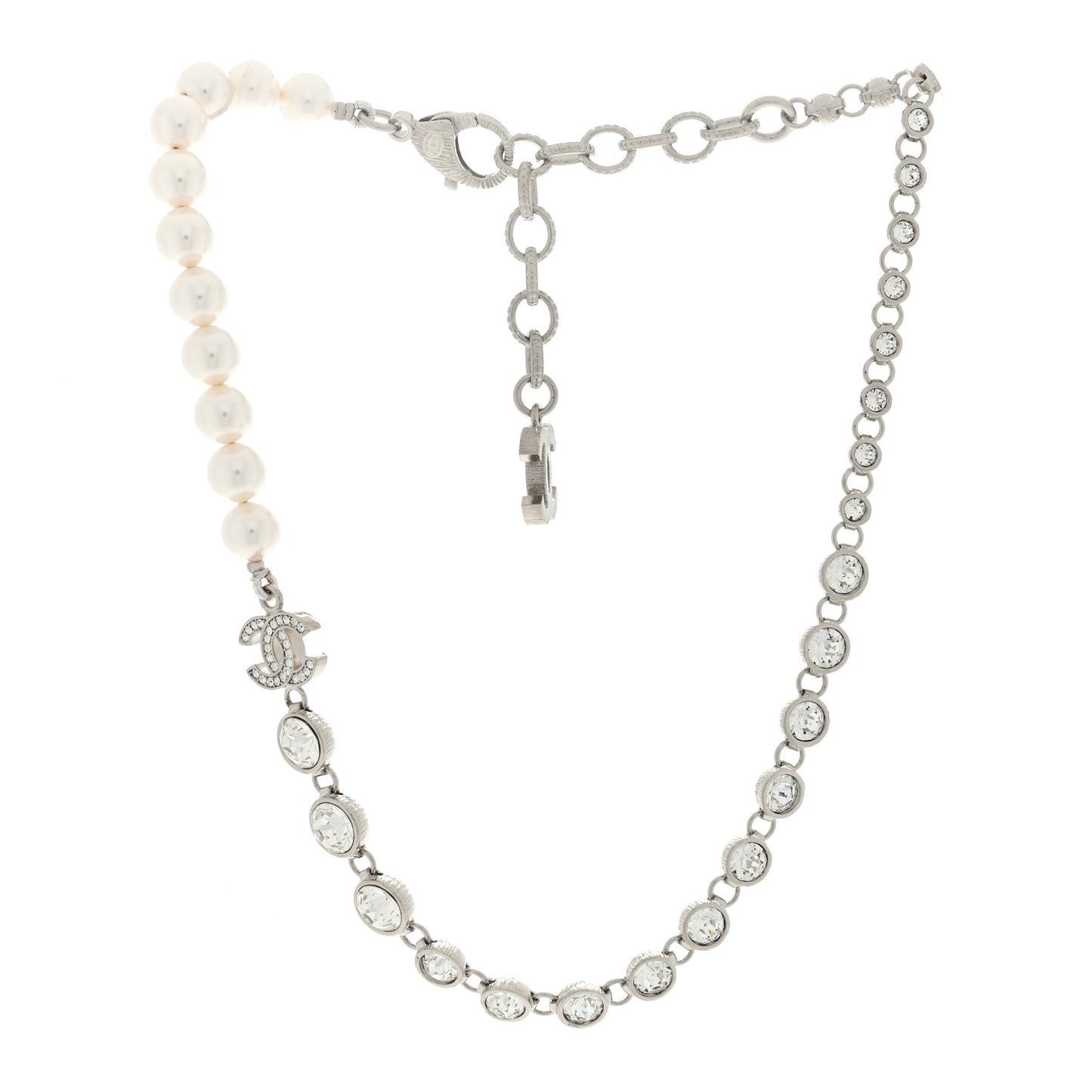 Pearl Crystal CC Choker Necklace Silver