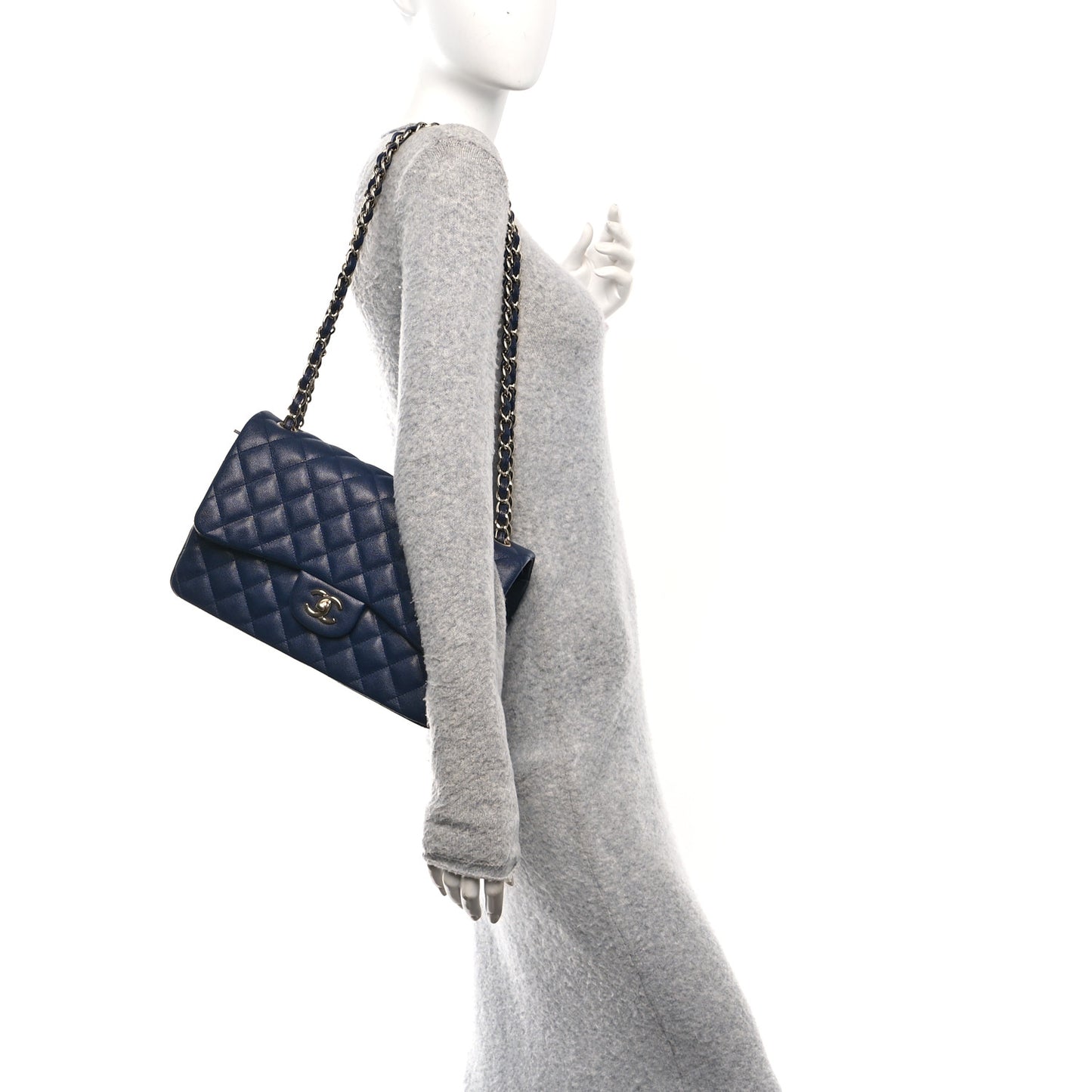Caviar Quilted Jumbo Double Flap Navy Blue