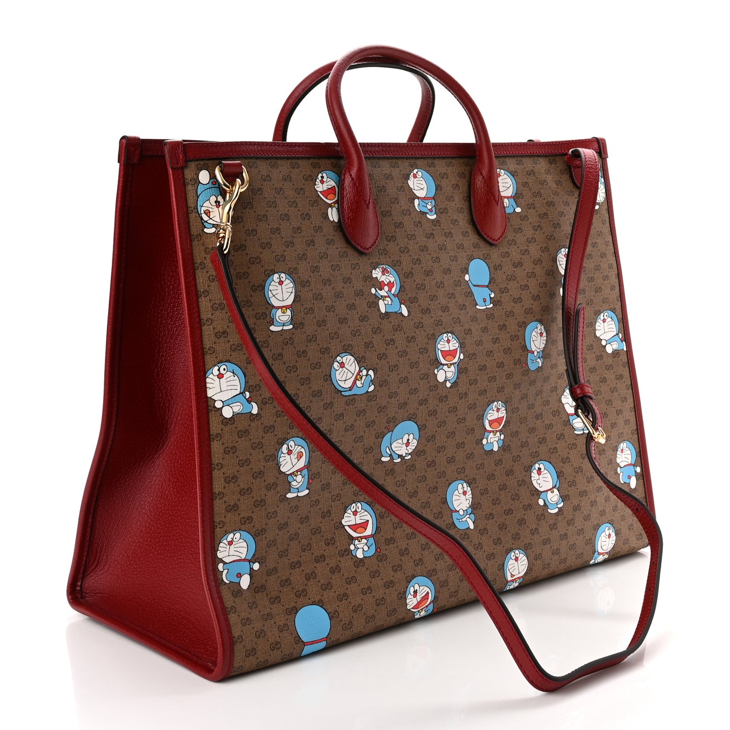 X DORAEMON Mini Vintage GG Supreme Monogram Large Tote Bag Beige Cherry Red