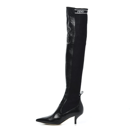 Fendi Vitello Lucido Stretch Fabric Logo Rockoko Thigh High Sock Boots 37 Black White 1 of 10