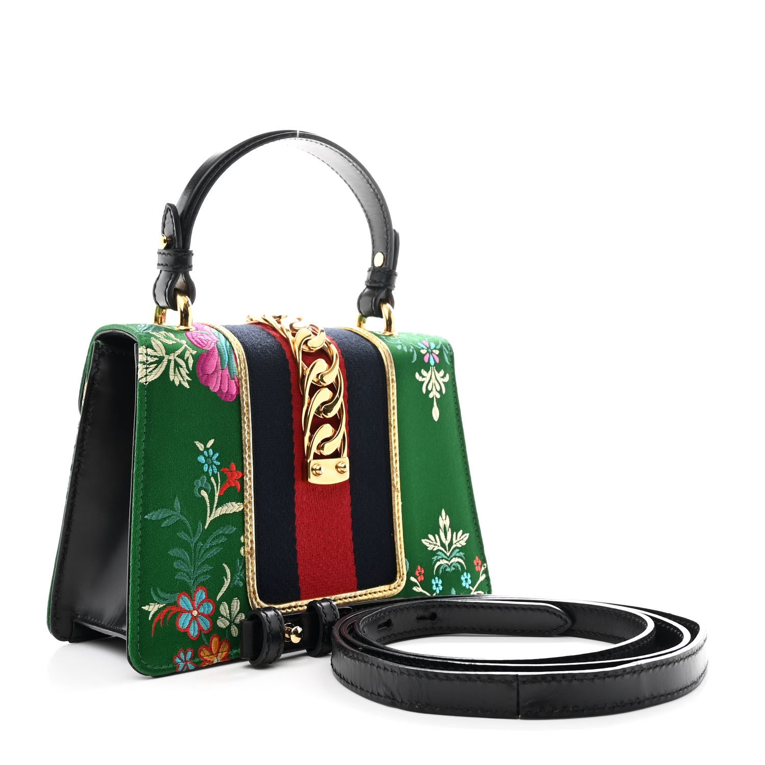 Gucci Jacquard Floral Mini Sylvie Top Handle Bag Green Multicolor Black 2 of 9