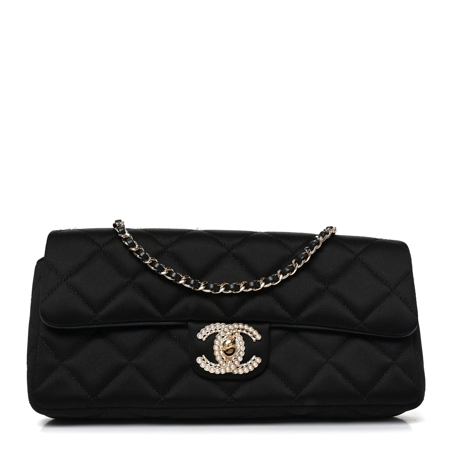 Satin Quilted Pearl CC Flap Clutch Black