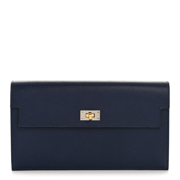 エルメス　カシシル　Hロゴ　ネイビー Hermes Chevre Chamkila Kelly Pocket Long Wallet Bleu Indigo