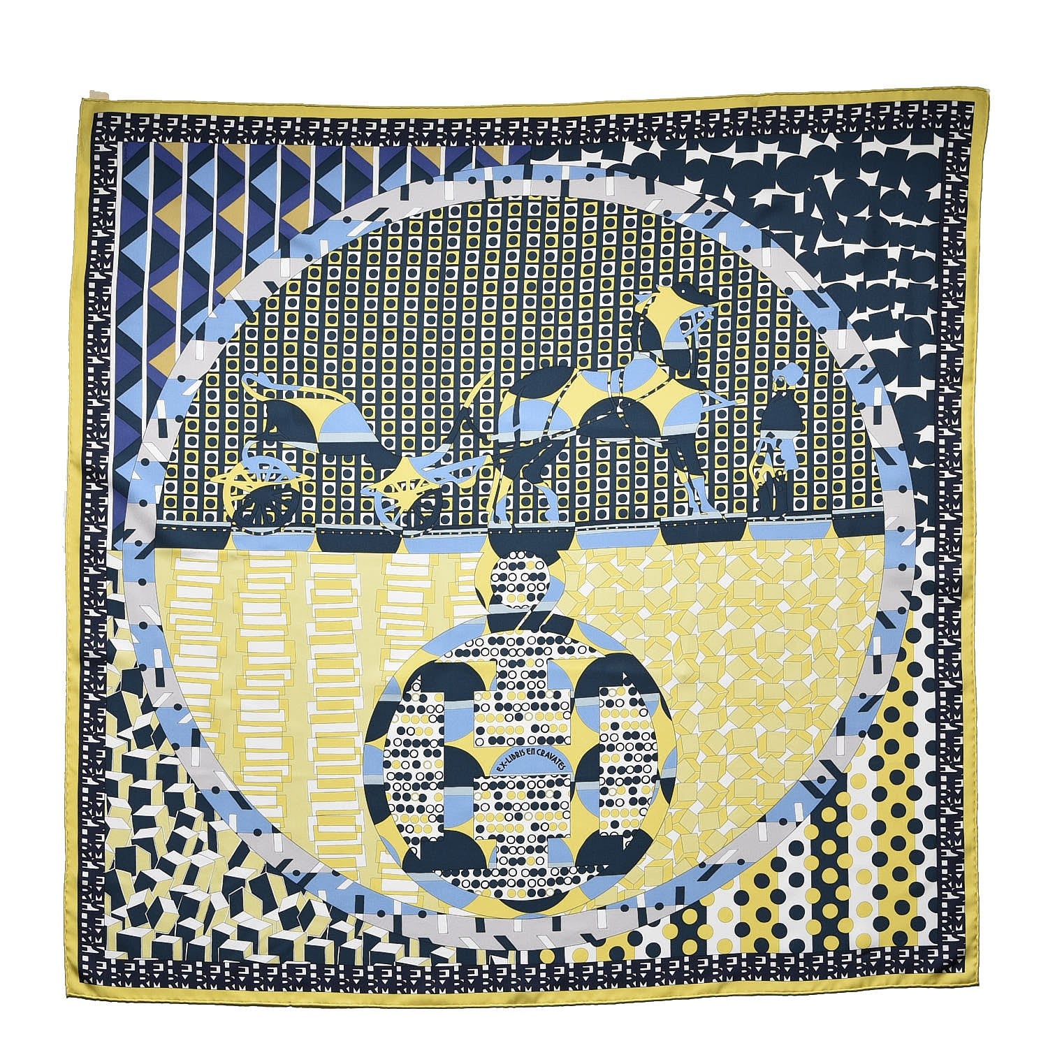Hermes Silk Ex-Libris En Cravates 90 Scarf Jaune Marine Ciel 1 of 6