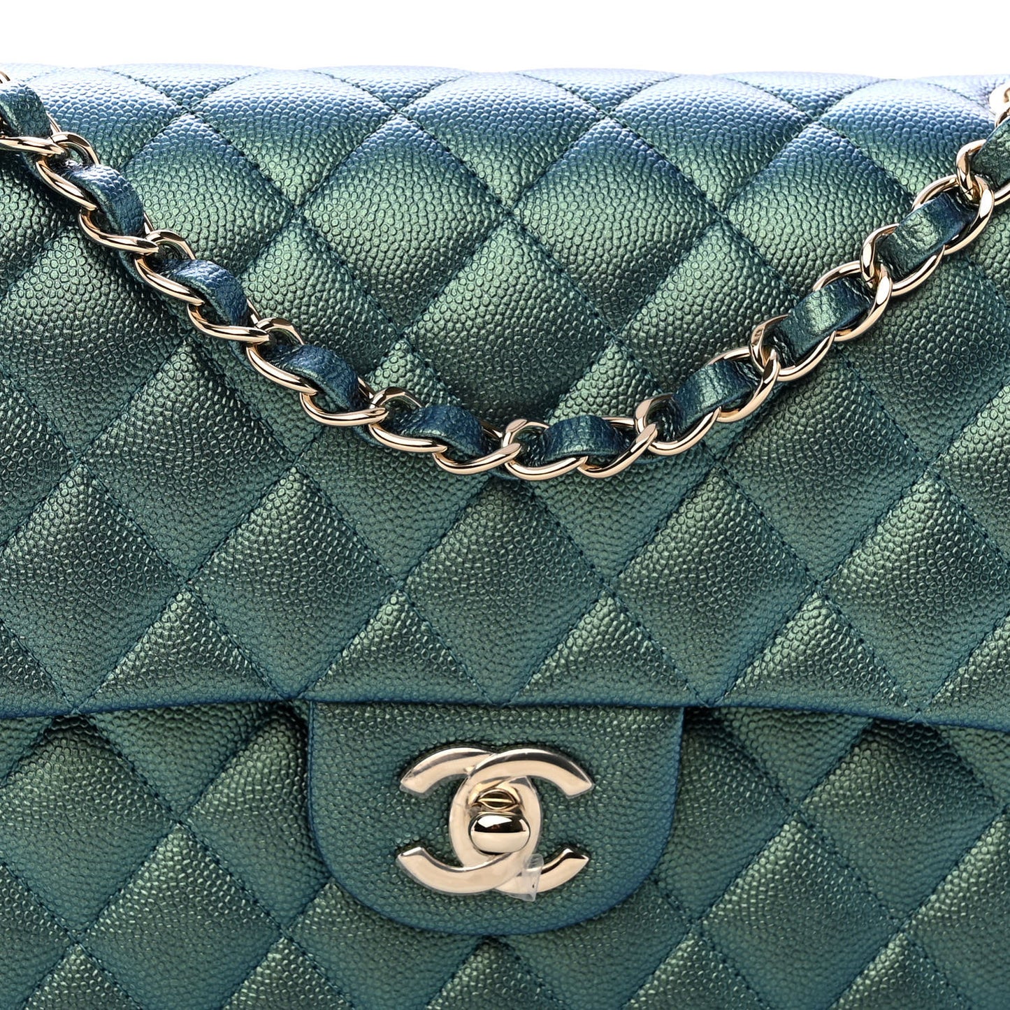 Iridescent Caviar Quilted Medium Double Flap Green